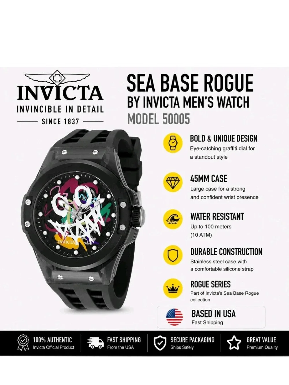 335.  Invicta 50005 SEA BASE ROGUE BY INVICTA MEN Black 50m